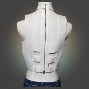 White Structured Mock Neck Crop Top Medium Y2K Zip Back Fitted Minimalist